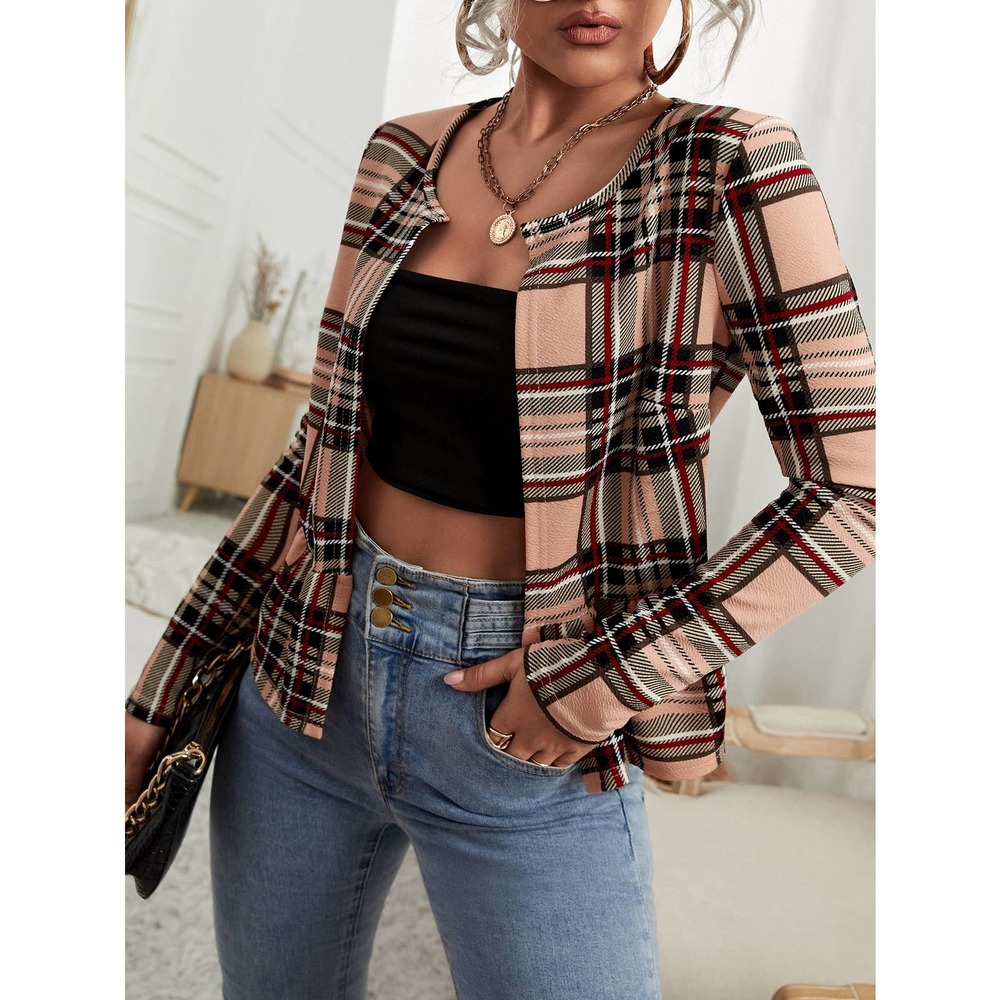 Plaid Print Open Front collarless blazer Jacket tan - Picture 1 of 4